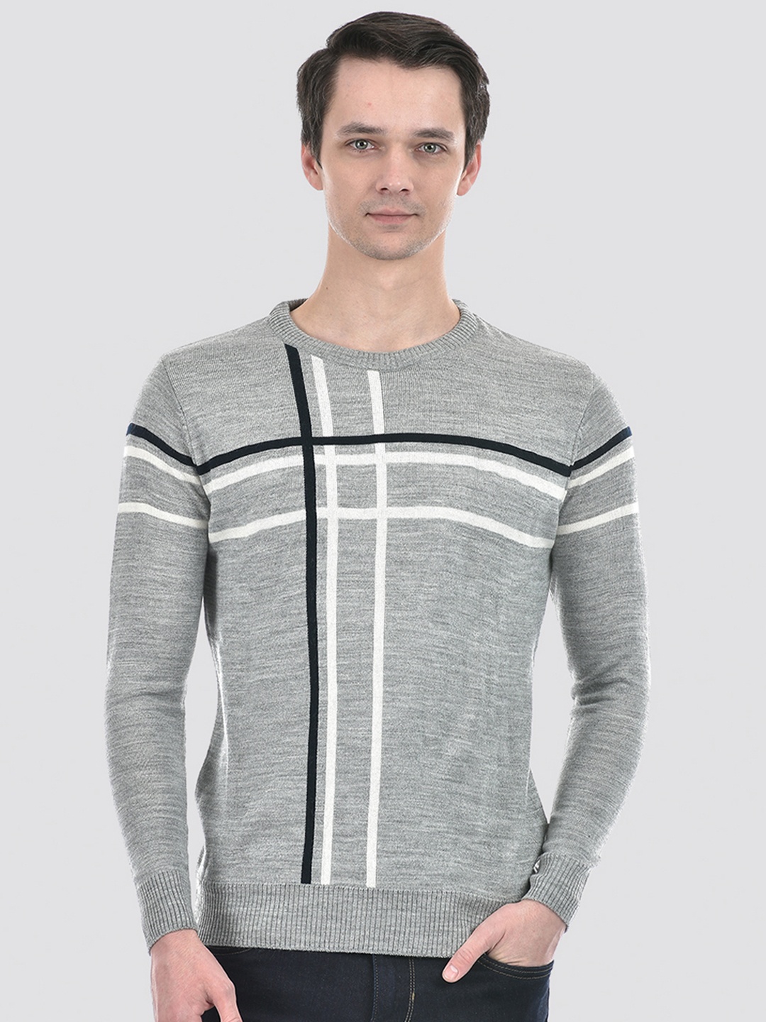 

Numero Uno Striped Round Neck Acrylic Pullover Sweater, Grey