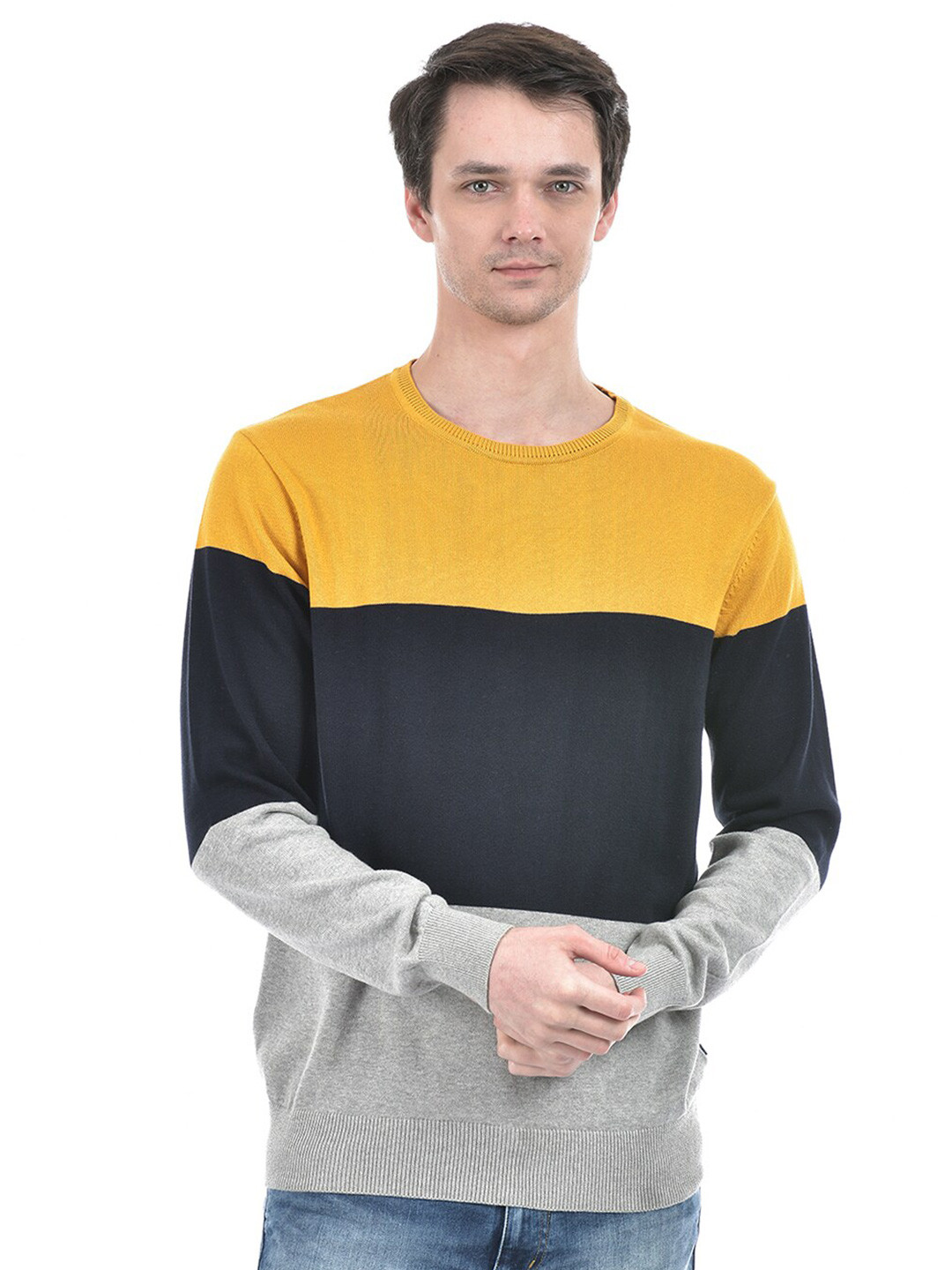 

Numero Uno Colourblocked Round Neck Cotton Pullover Sweater, Yellow