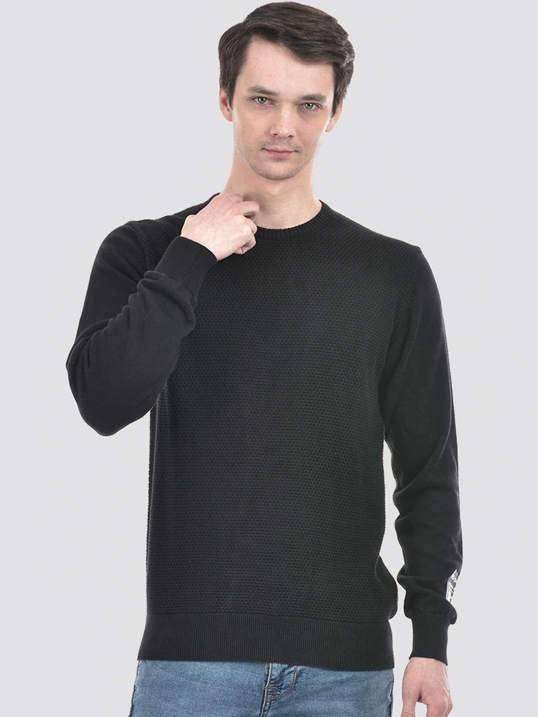

Numero Uno Open Knit Self Design Ribbed Pure Cotton Pullover, Black