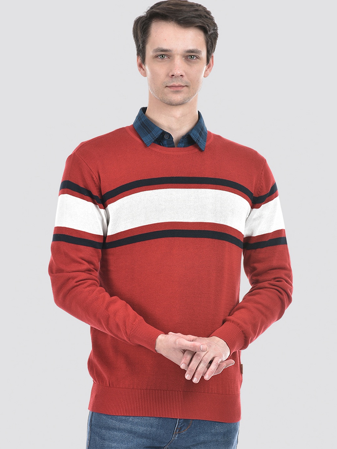 

Numero Uno Striped Ribbed Pure Cotton Pullover, Red