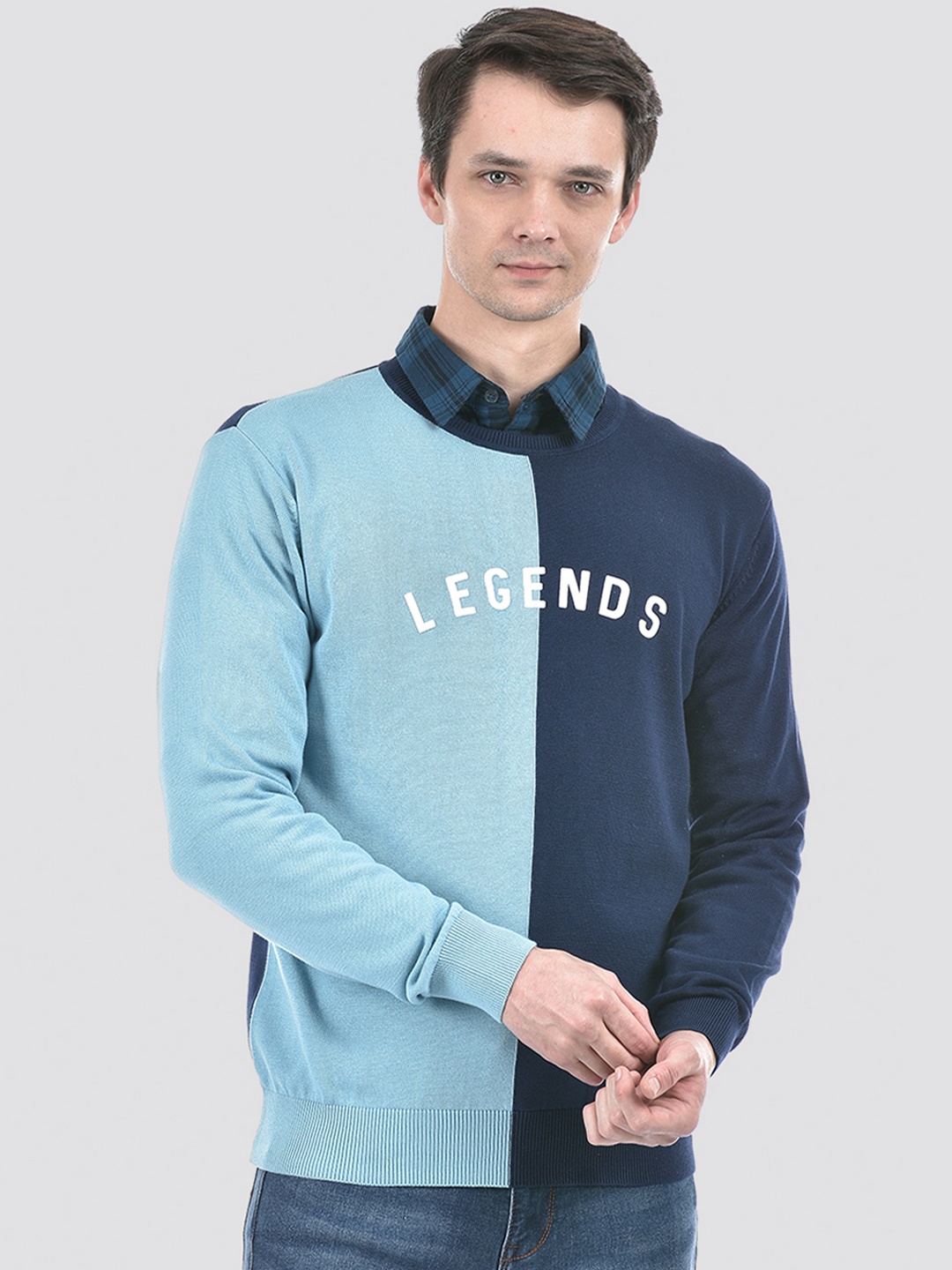 

Numero Uno Colourblocked Ribbed Pure Cotton Pullover, Blue