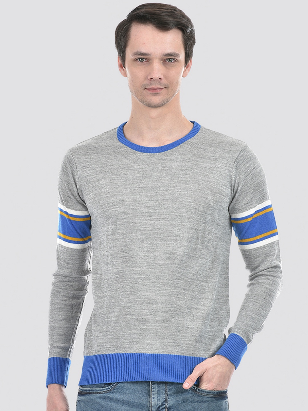 

Numero Uno Striped Ribbed Acrylic Pullover, Grey