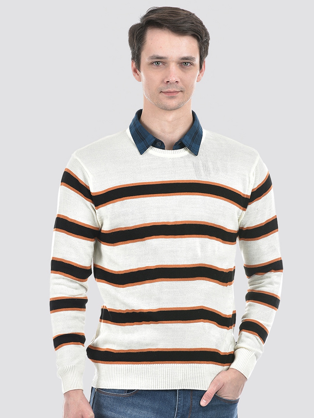 

Numero Uno Striped Ribbed Acrylic Pullover, White