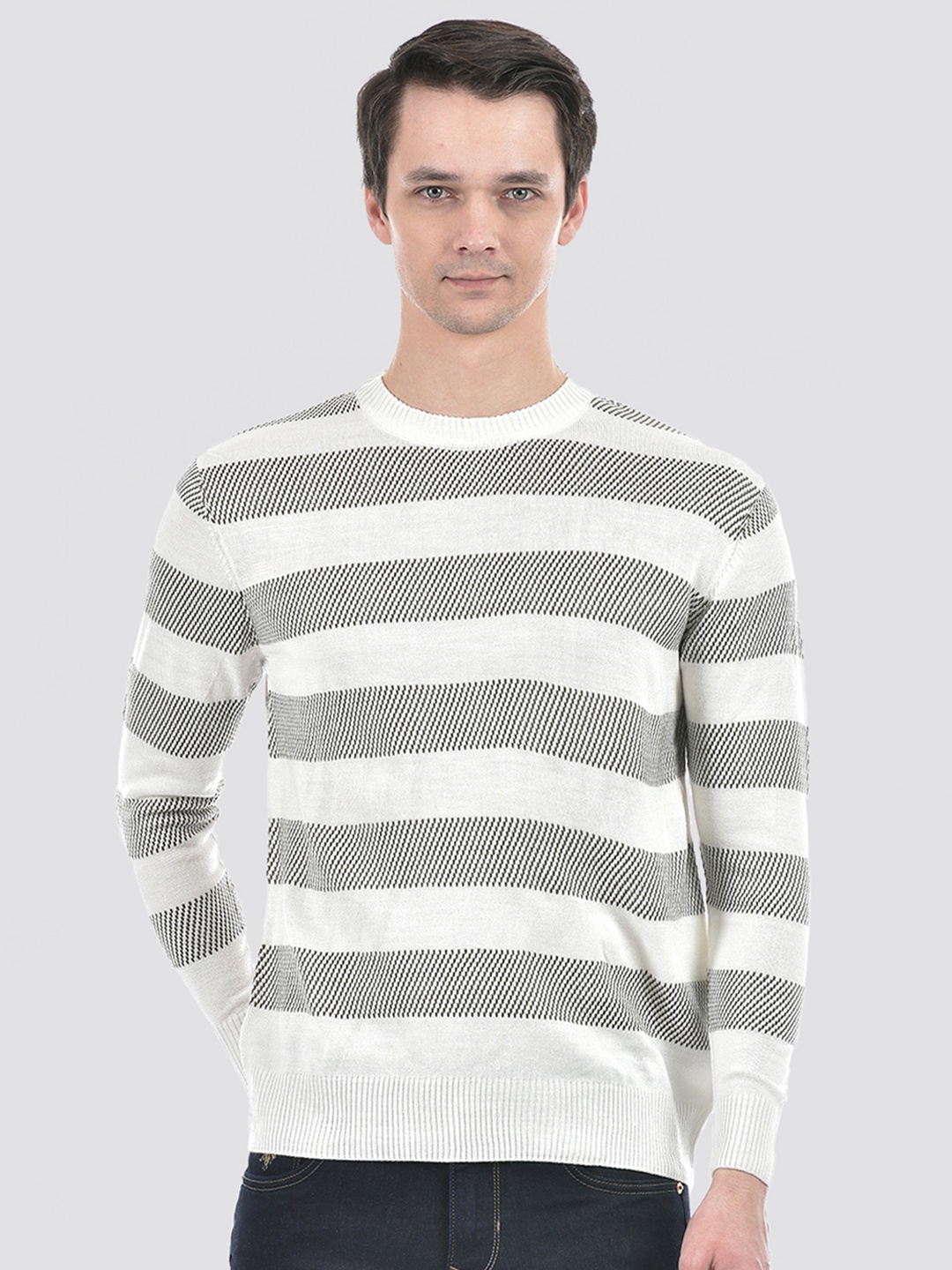 

Numero Uno Striped Ribbed Acrylic Pullover, White