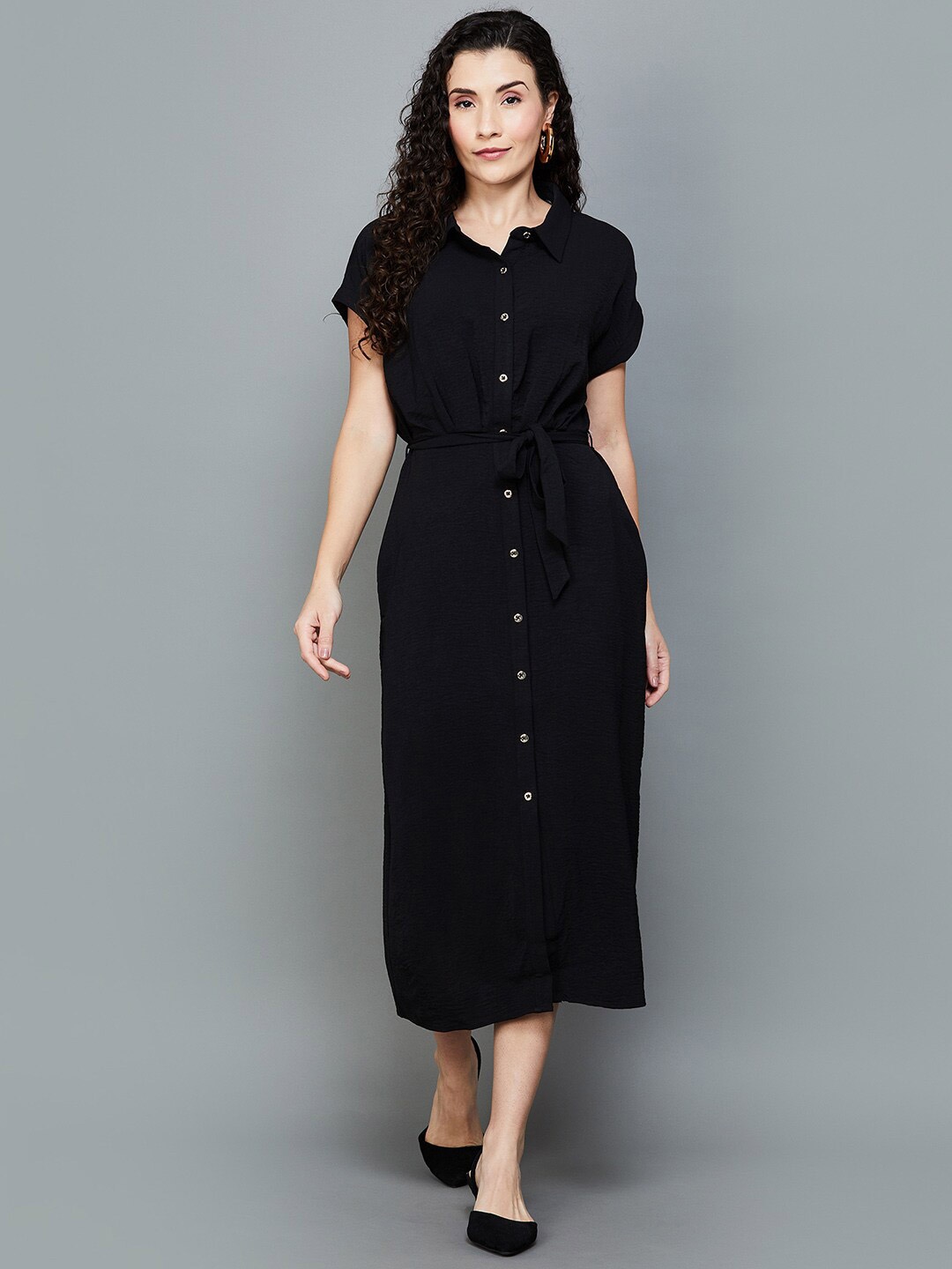 

CODE by Lifestyle Extended Sleeves Belted Midi Shirt Dress, Black