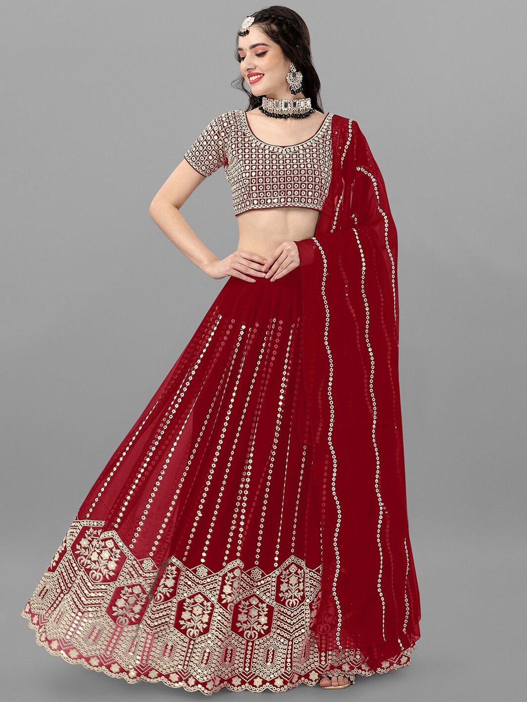

Angroop Embellished Sequinned Semi-Stitched Lehenga & Unstitched Blouse With Dupatta, Red