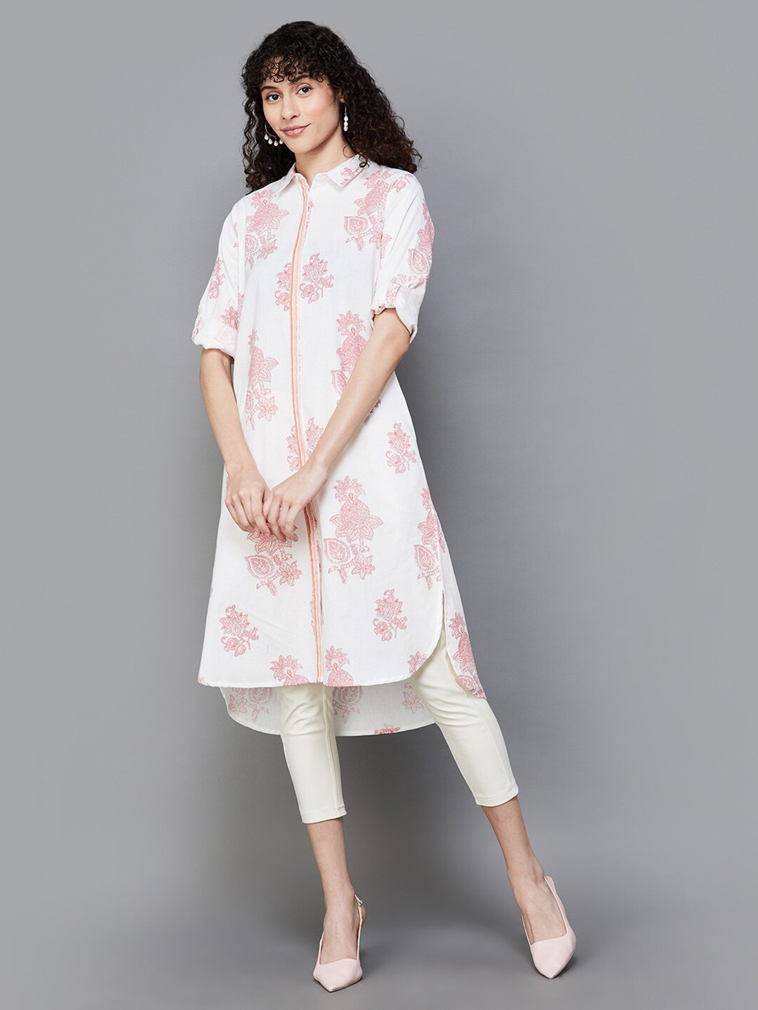 

Colour Me by Melange Floral Printed Shirt Collar Roll-Up Sleeves Cotton Kurta, Pink