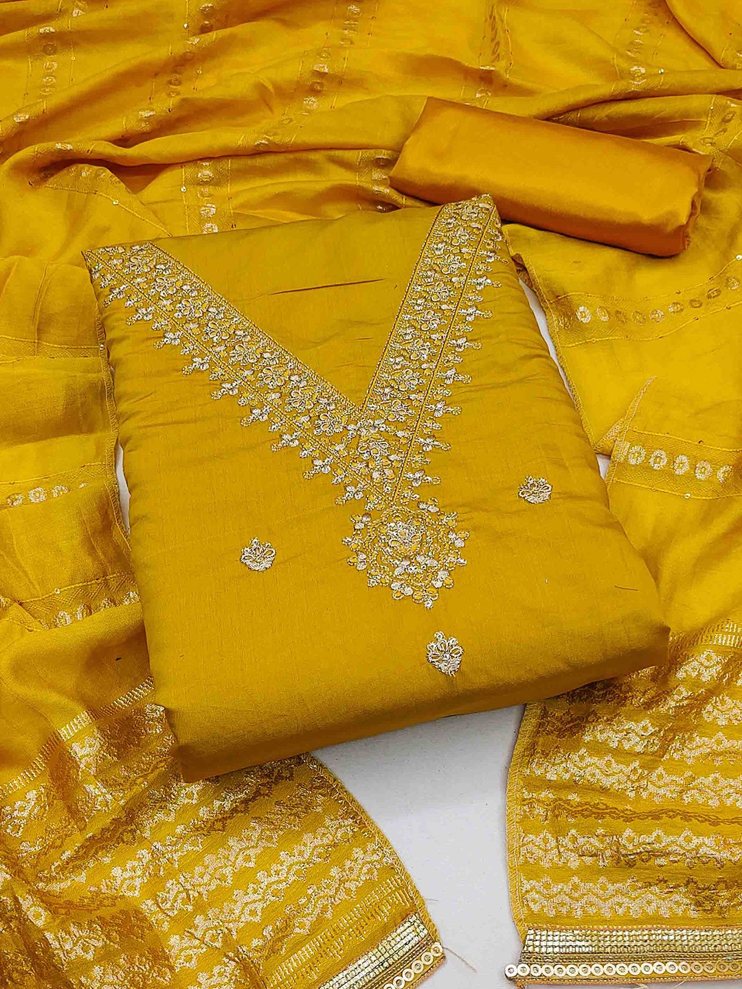 

KALINI Embroidered Unstitched Dress Material, Yellow