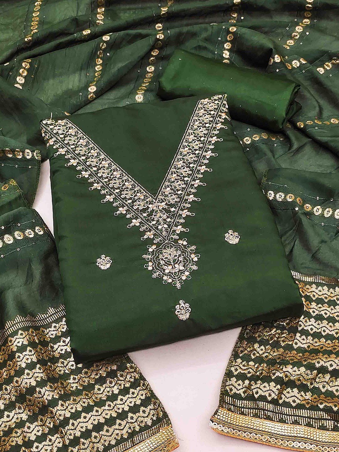 

KALINI Floral Embroidered Sequinned Unstitched Dress Material, Green