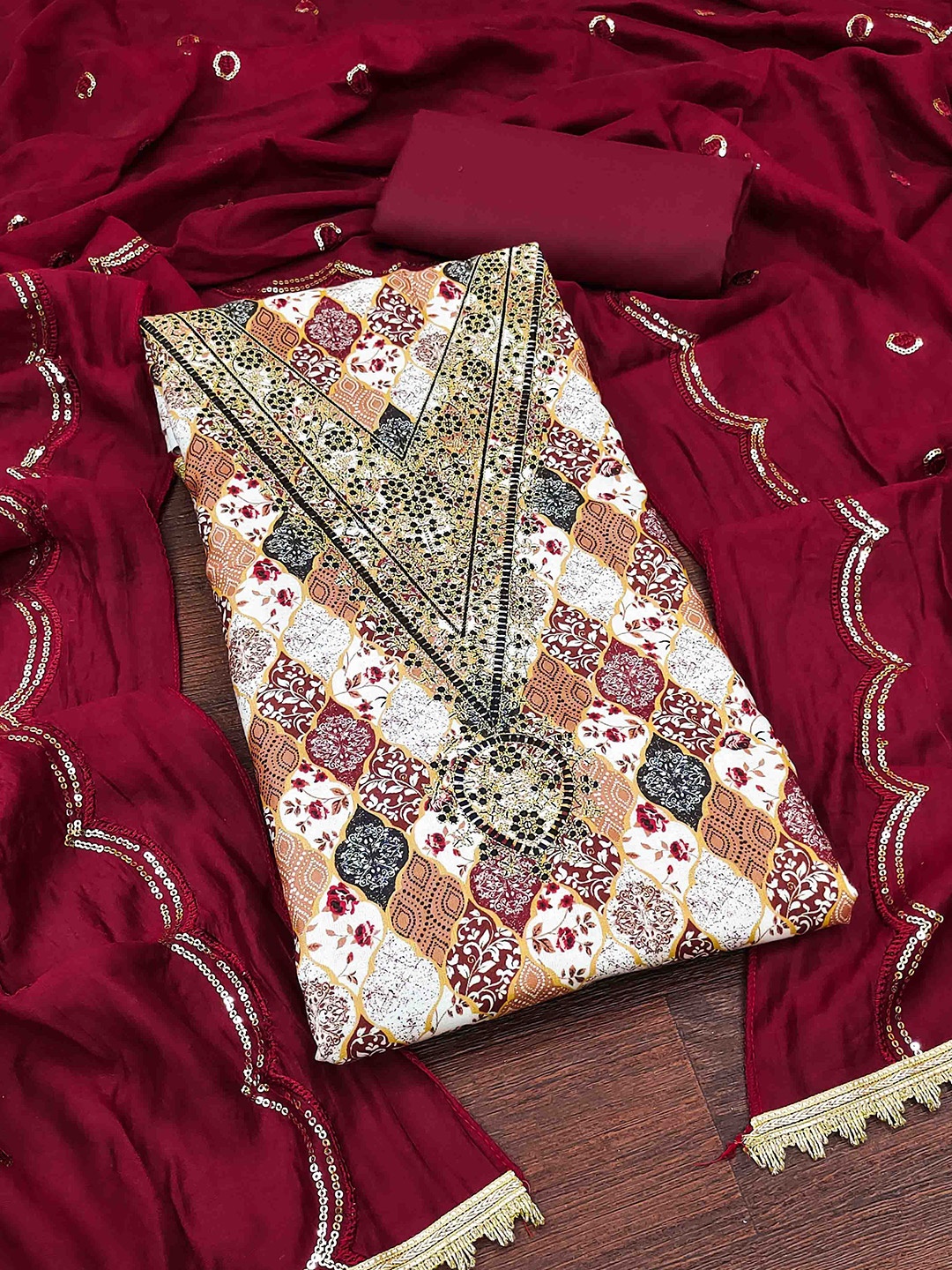 

KALINI Ethnic Motifs Printed Beads & Stones Detailed Unstitched Dress Material, Cream
