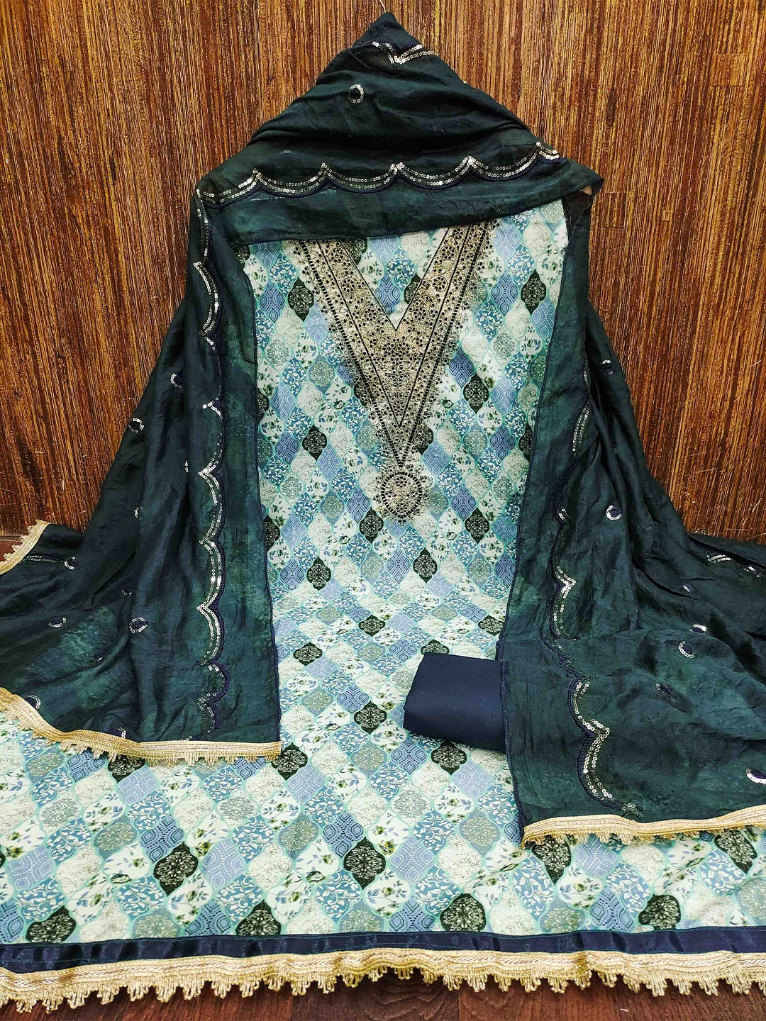 

KALINI Ethnic Motifs Printed Beads and Stones Unstitched Dress Material, Turquoise blue