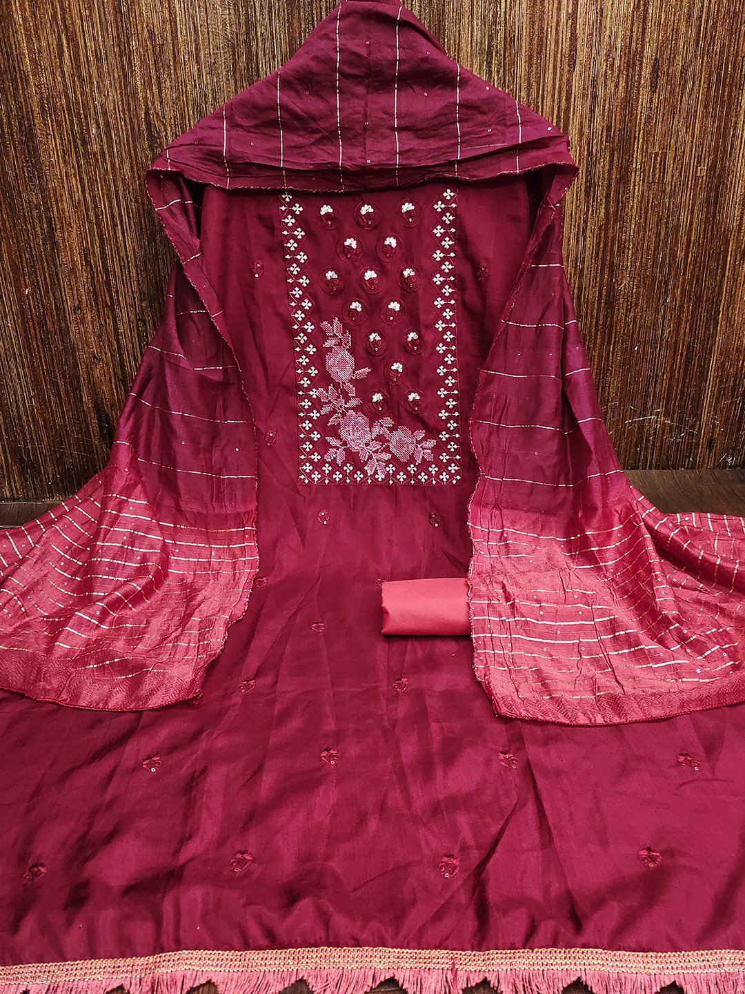 

KALINI Floral Embroidered Sequinned Unstitched Dress Material, Maroon