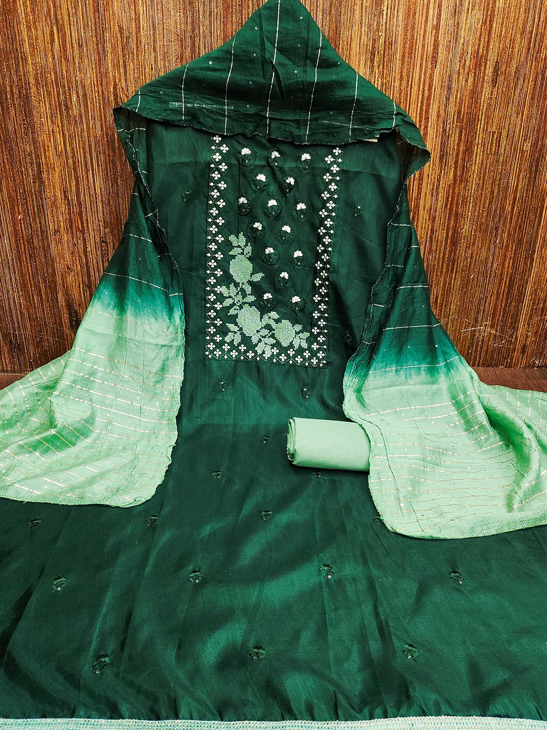

KALINI Ethnic Motifs Embroidered Sequinned Unstitched Dress Material, Green