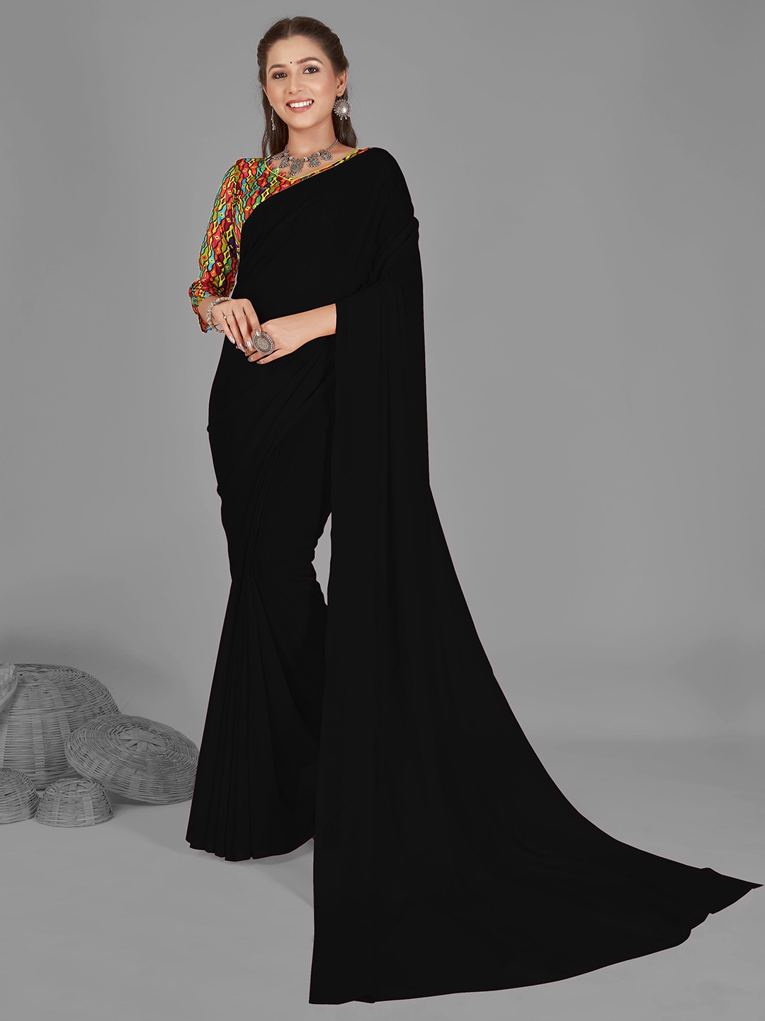 

ANAND SAREES Poly Georgette Saree, Black