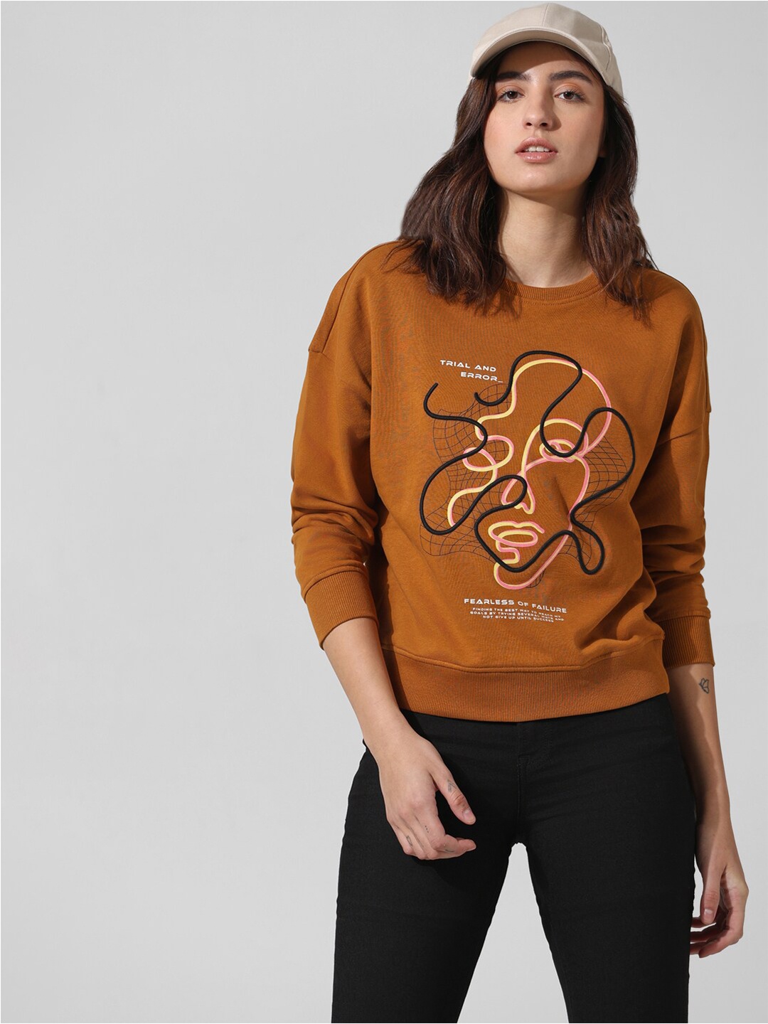 

ONLY Graphic Printed Pure Cotton Pullover, Brown