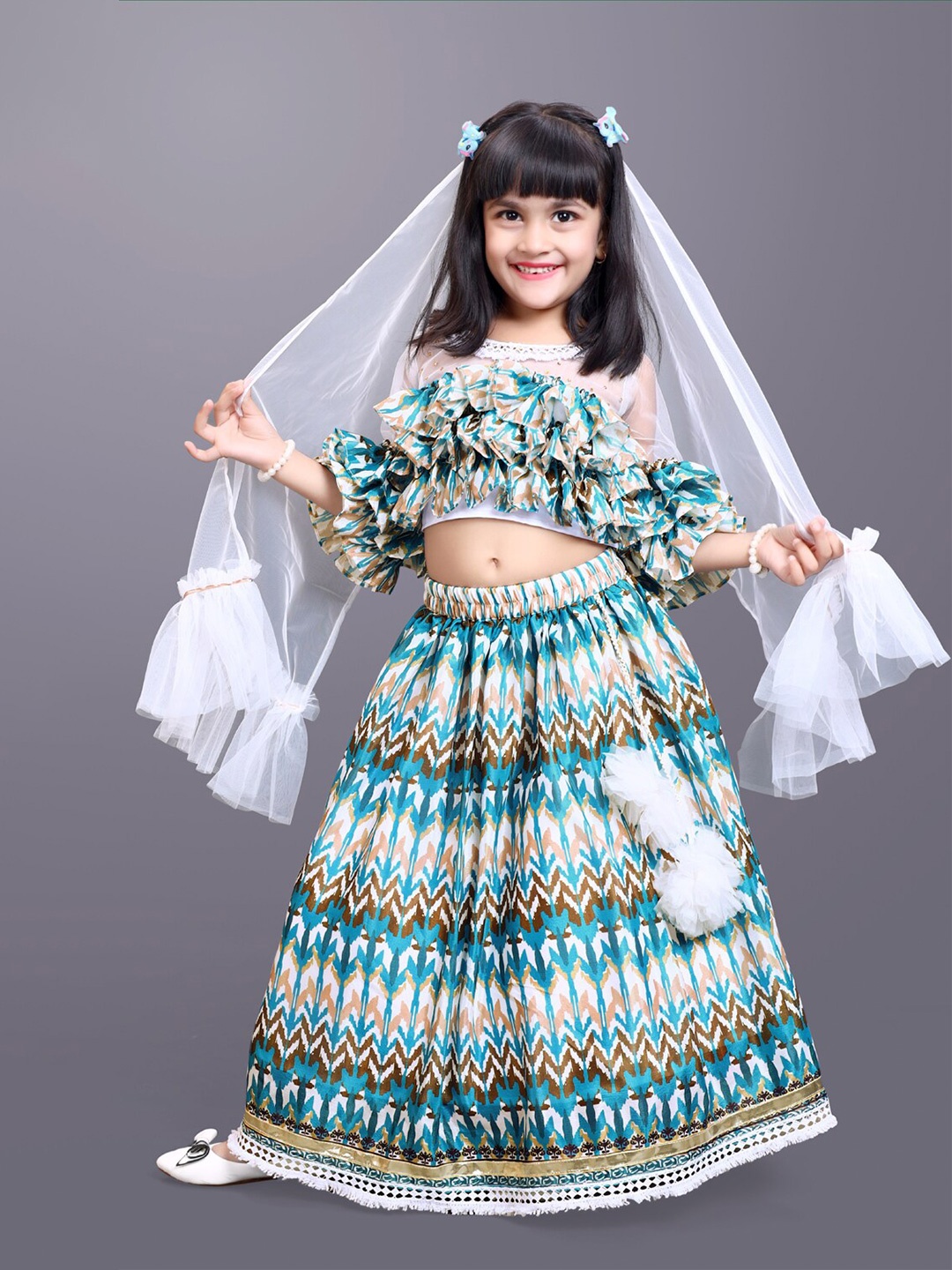 

BAESD Girls Printed Beads and Stones Ready to Wear Lehenga & Blouse With Dupatta, Sea green