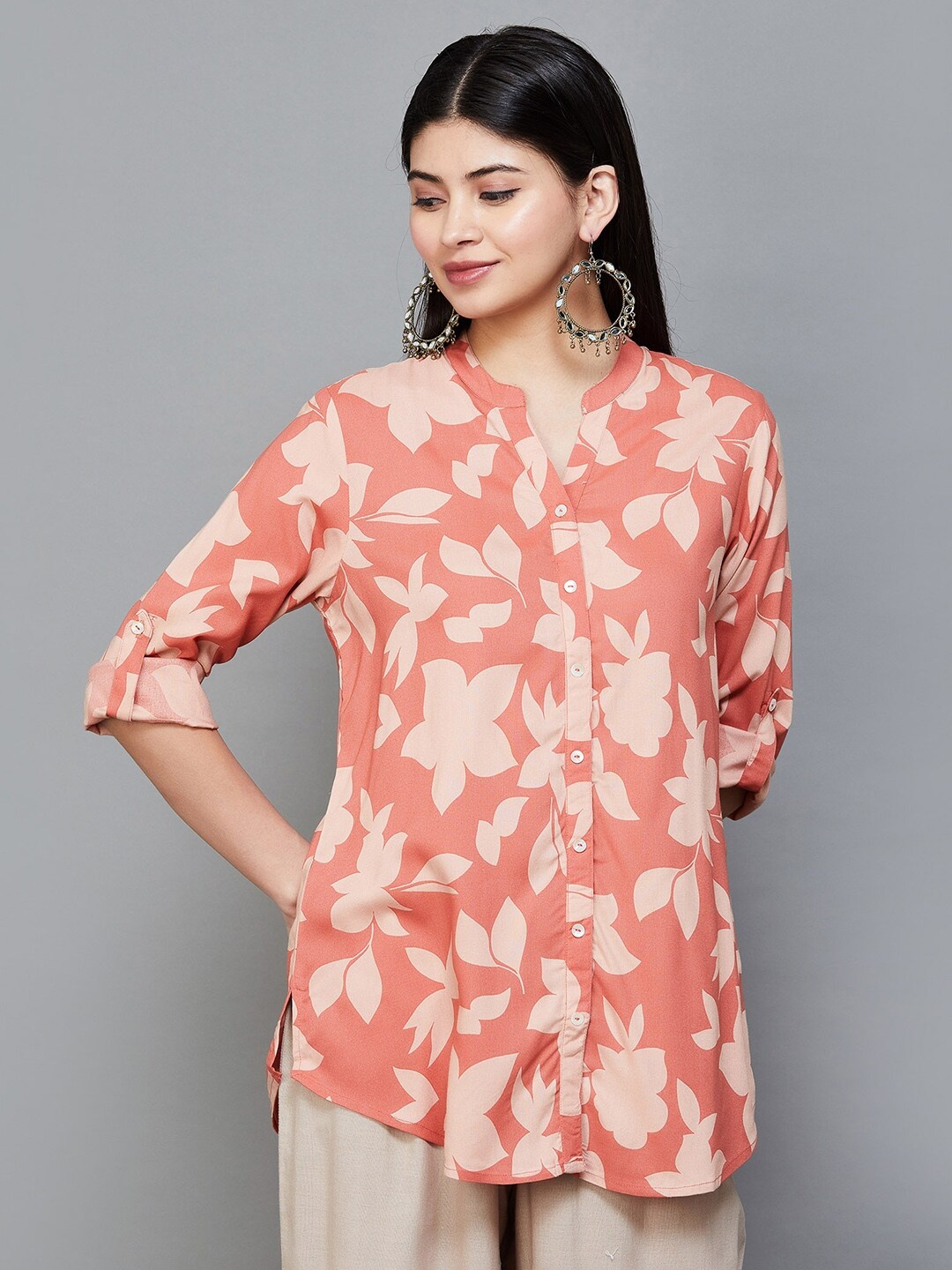 

Melange by Lifestyle Floral Printed Mandarin Collar Kurti, Coral