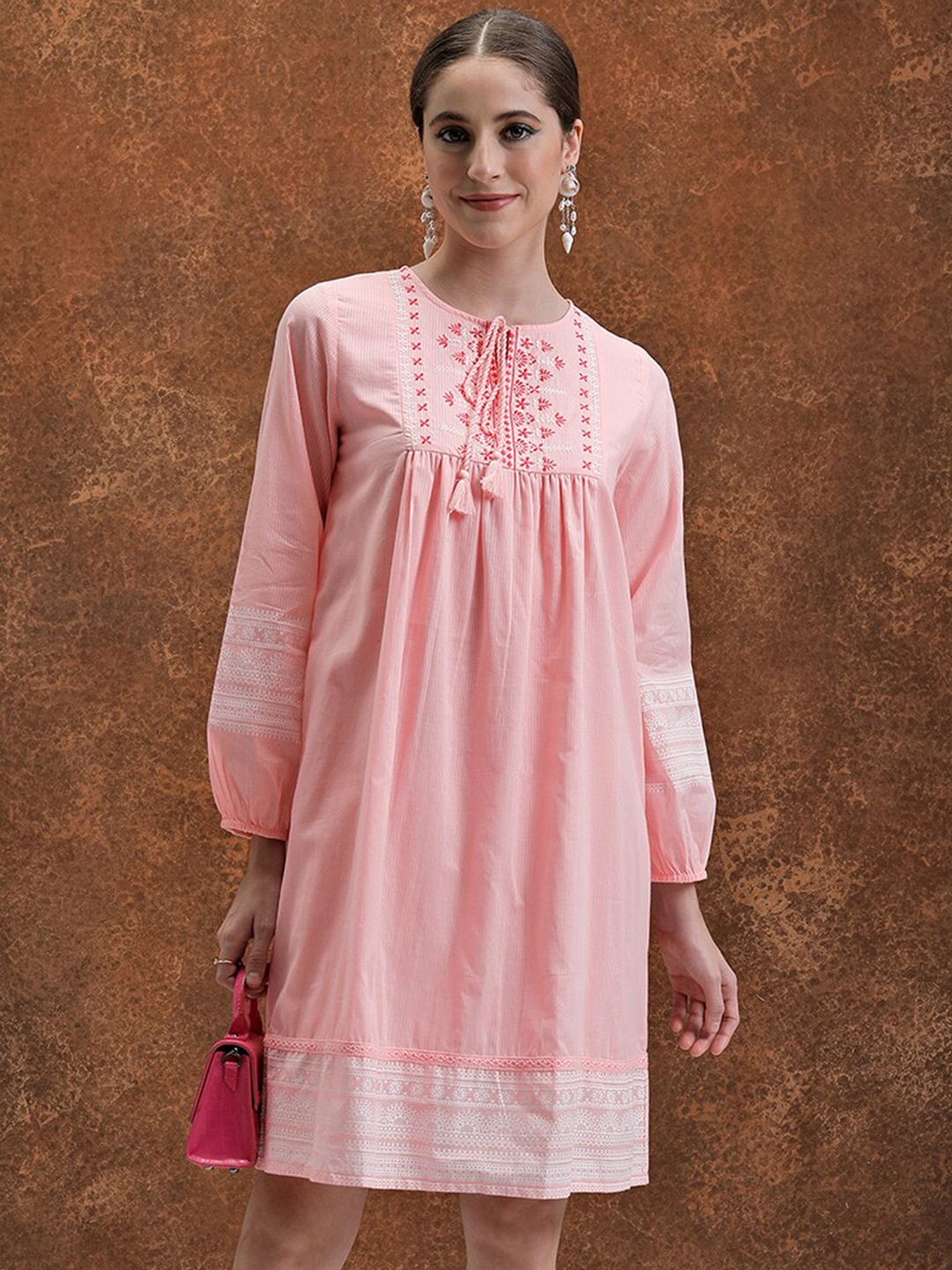 

Vishudh Tie-Up Neck Long Sleeves Cotton Embroidered Midi A-Line Dress, Pink