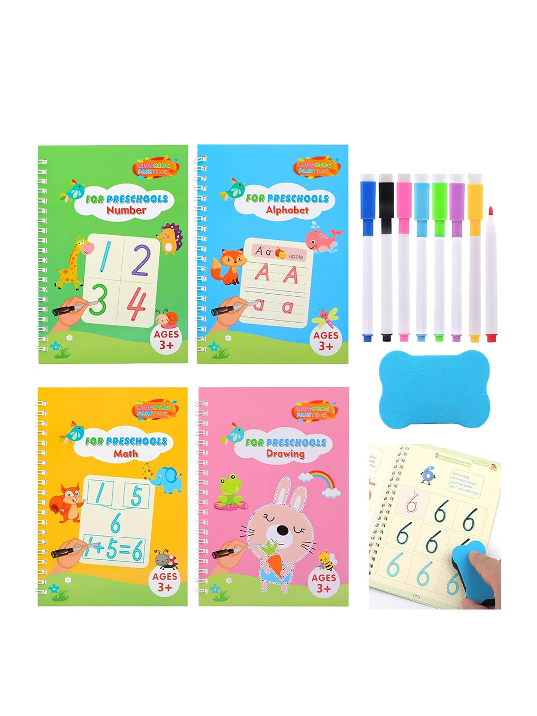 

ADKD Magic Reusable Copybook Practice Copybook with 8 Color Pens, Blue