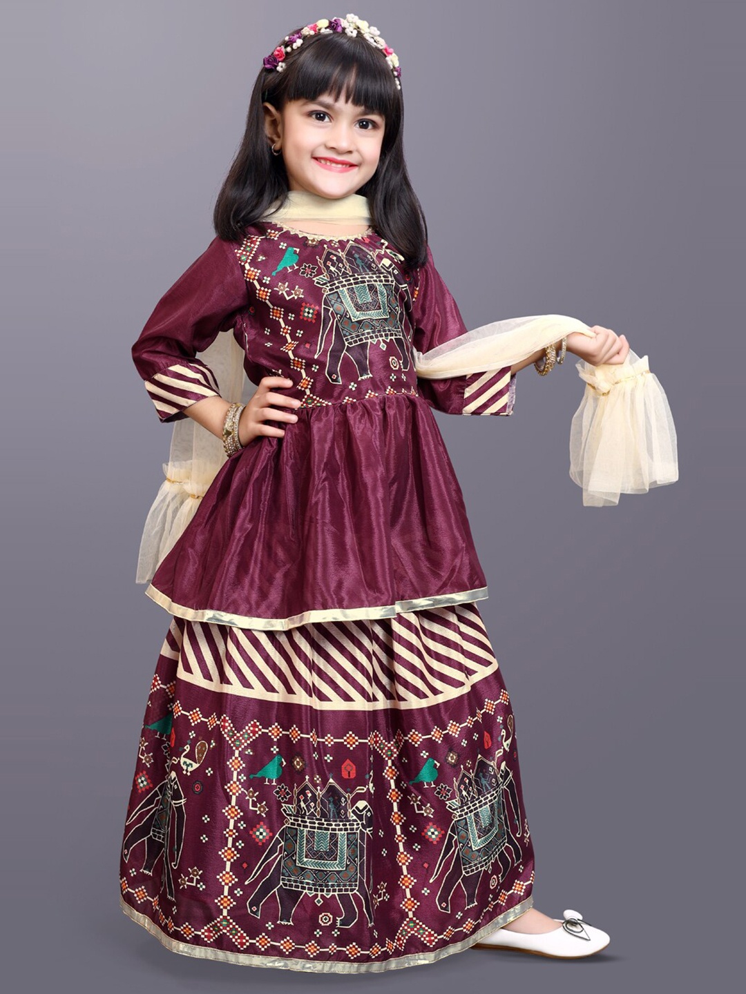 

BAESD Girls Printed Ready to Wear Lehenga & Blouse With Dupatta, Maroon