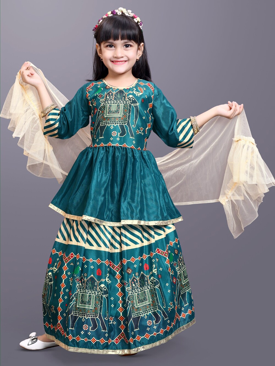 

BAESD Girls Ethnic Motifs Printed Ready to Wear Lehenga & Blouse With Dupatta, Green