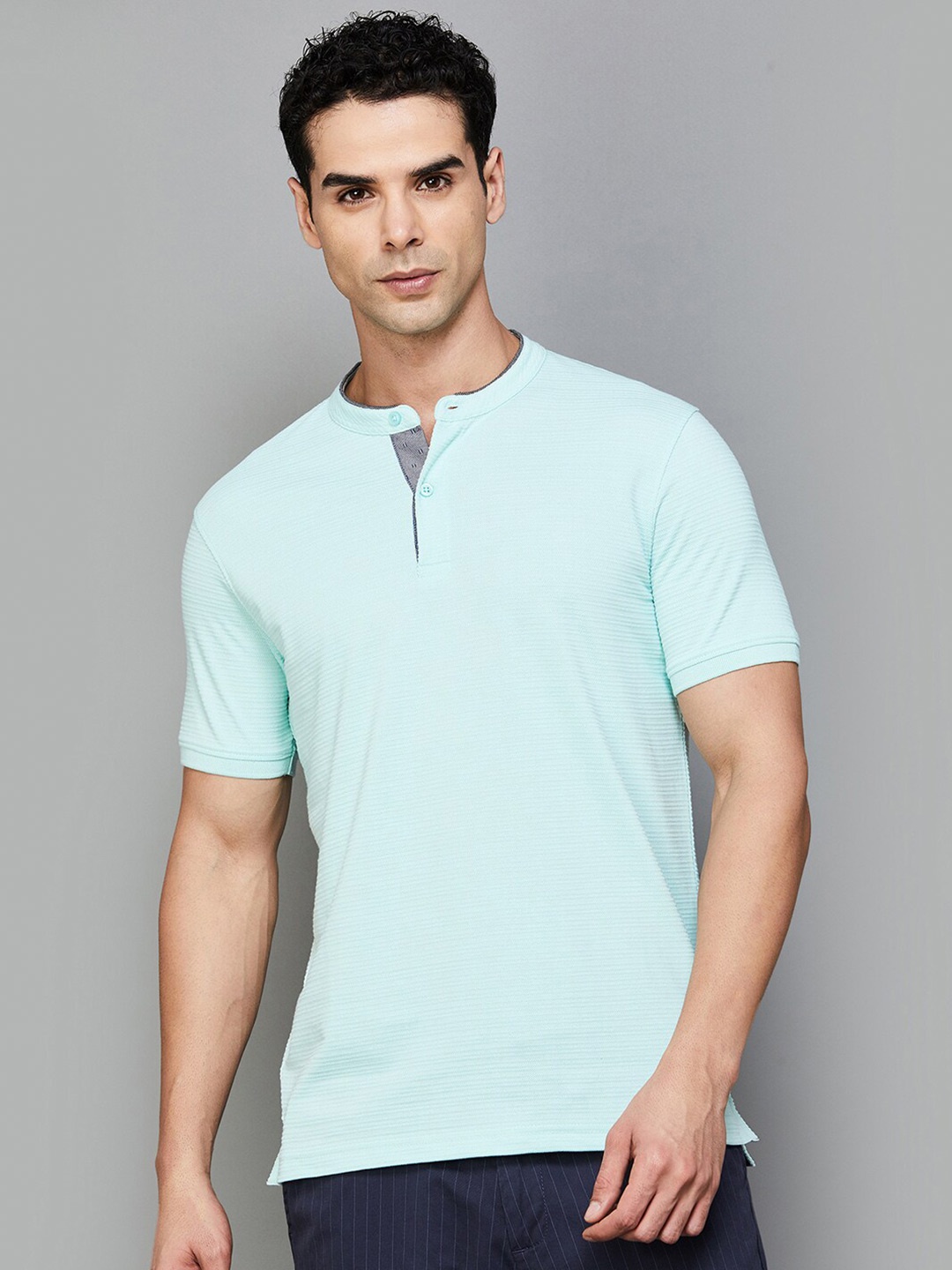 

CODE by Lifestyle Solid Mandarin Collar Short Sleeved T-shirt, Turquoise blue