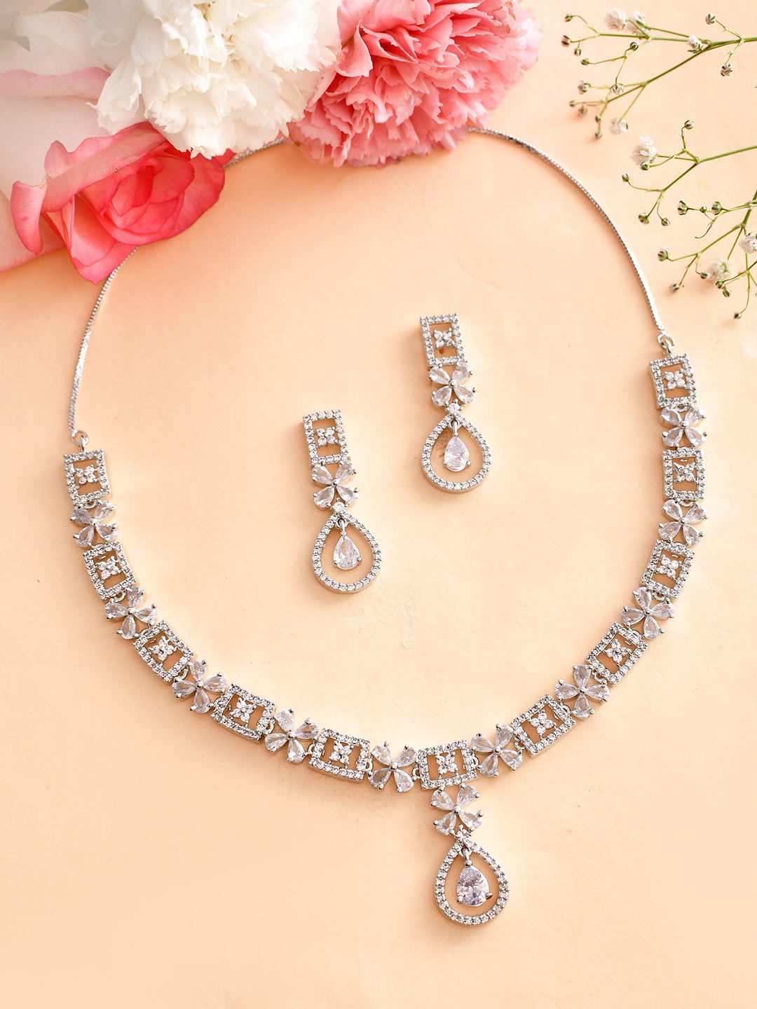 

Voylla Rhodium-Plated Cubic Zirconia Studded Jewellery Set, Silver