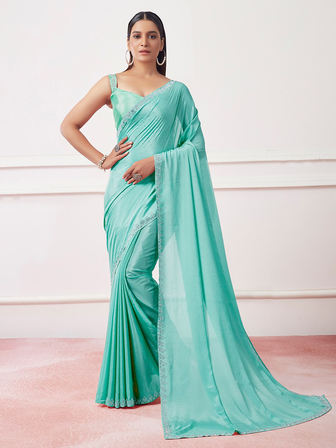 

Mitera Embellished Beads and Stones Satin Saree, Turquoise blue