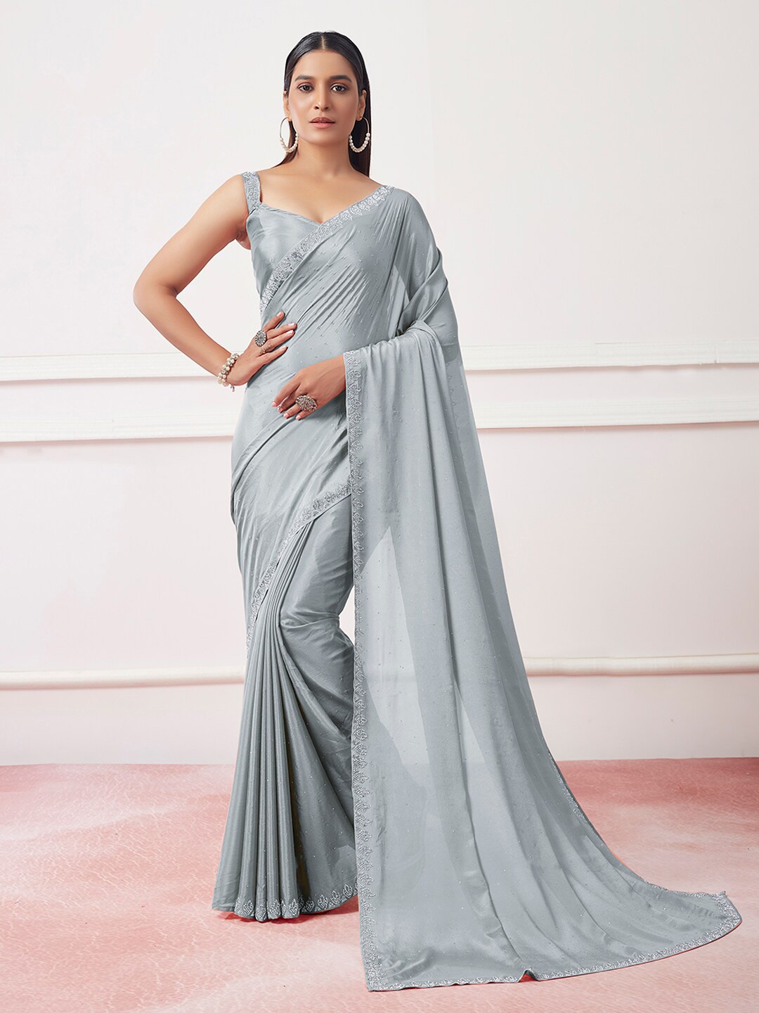 

Mitera Embellished Beads and Stones Satin Saree, Grey