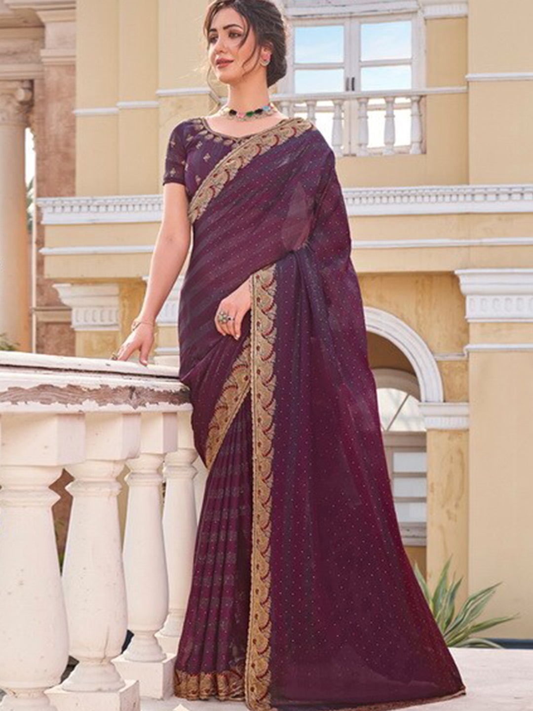 

Mitera Embellished Pure Chiffon Saree, Purple