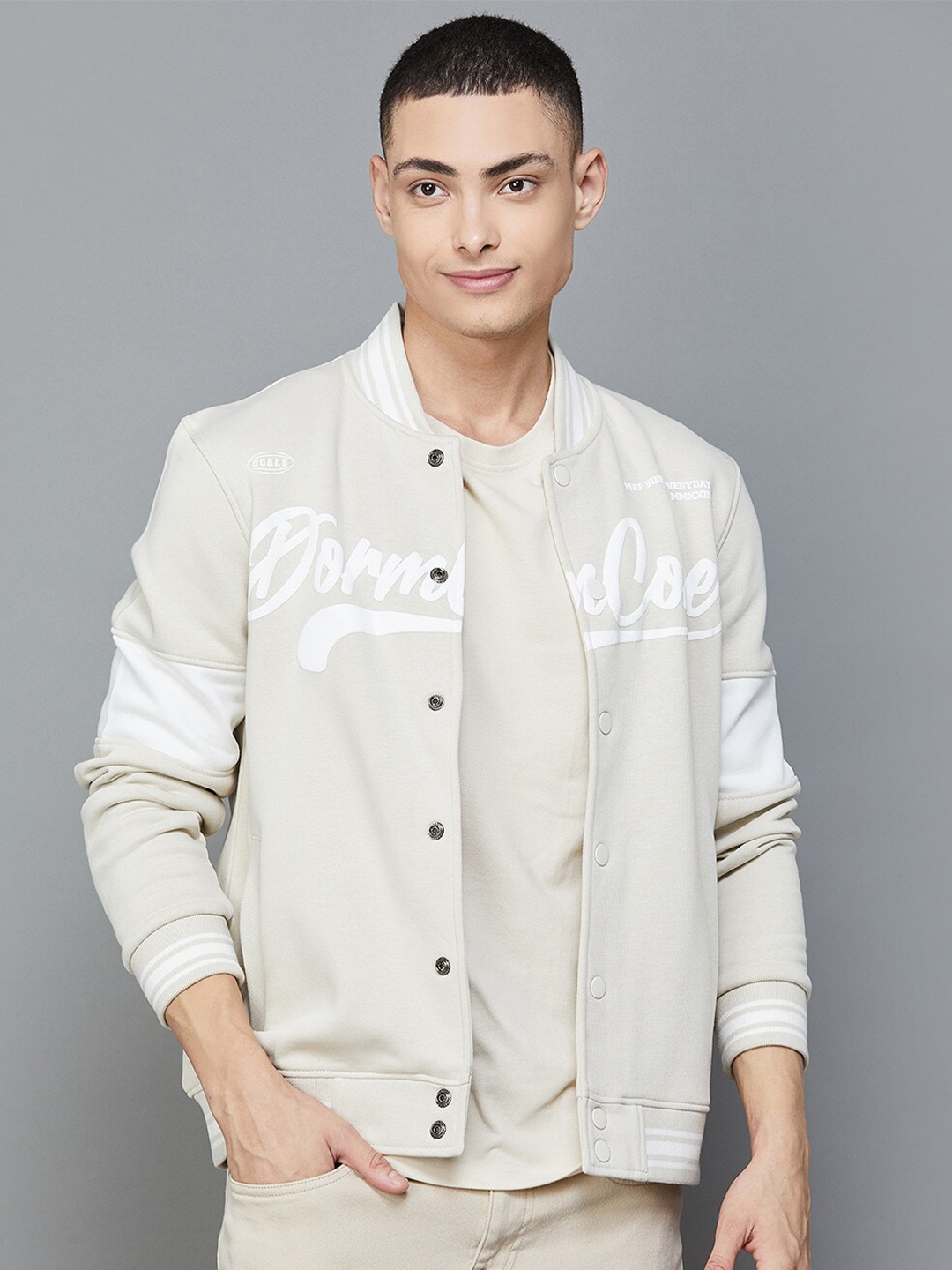

Fame Forever by Lifestyle Typography Printed Front-Open Sweatshirt, Beige
