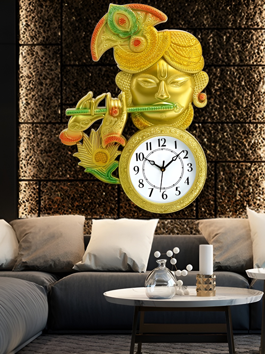 

Attractionz Gold Toned Krishna Idol Round Shaped Traditional Analogue Wall Clock