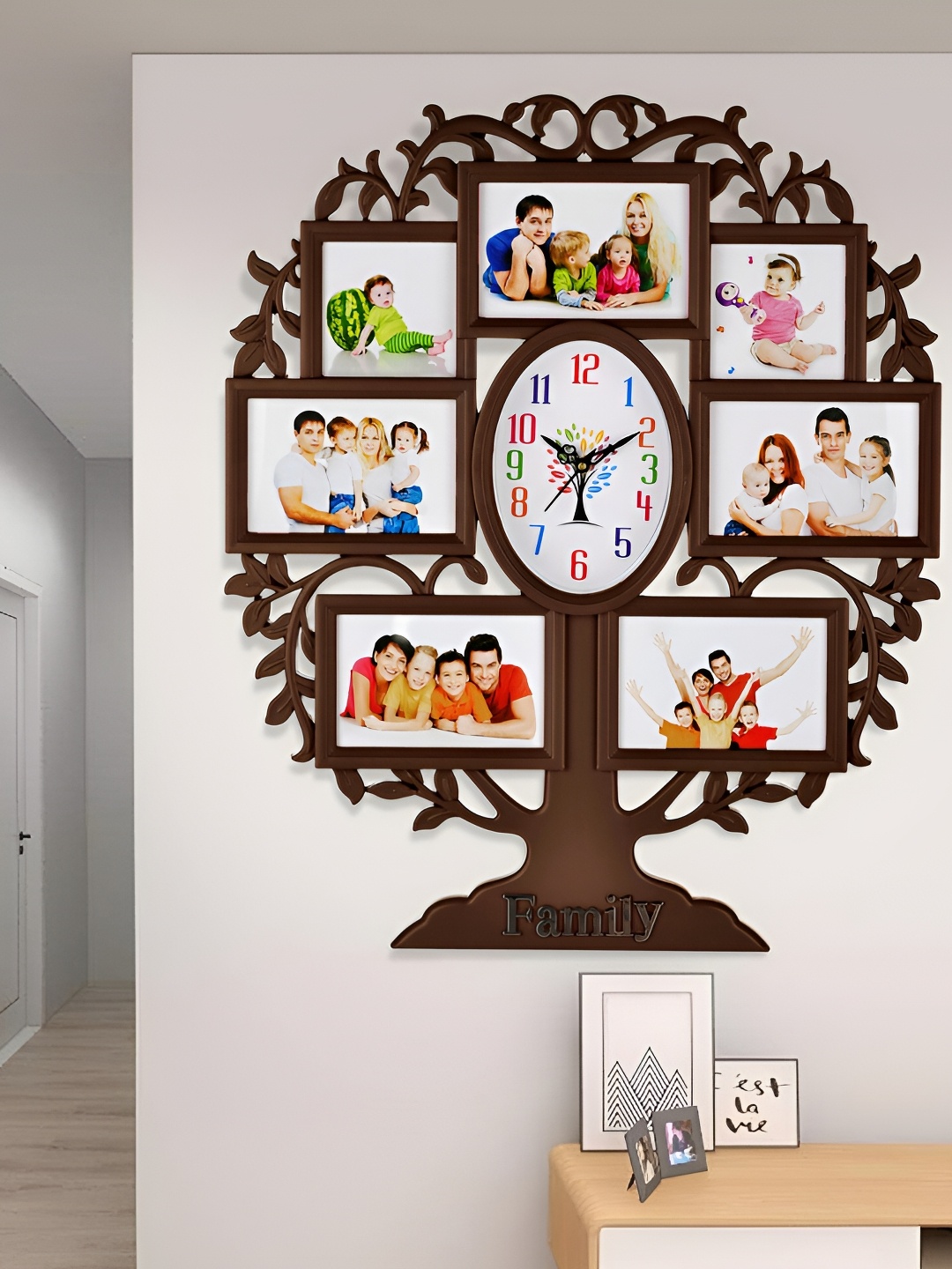 

Attractionz Brown Tree Photo Frame Oval Shaped Contemporary Analogue Wall Clock