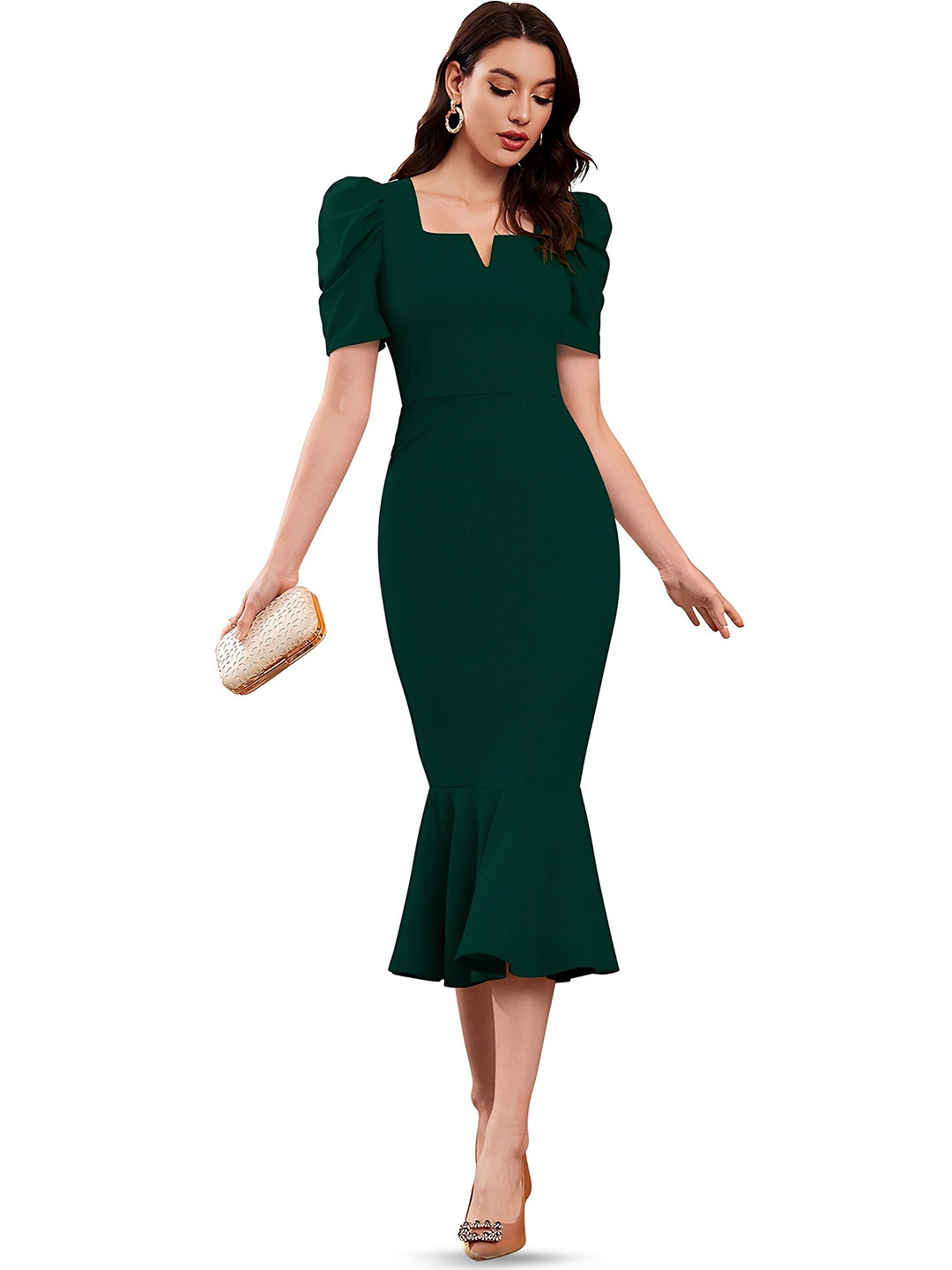 

SIDYAL Square Neck Puff Sleeves Midi Bodycon Dress, Green