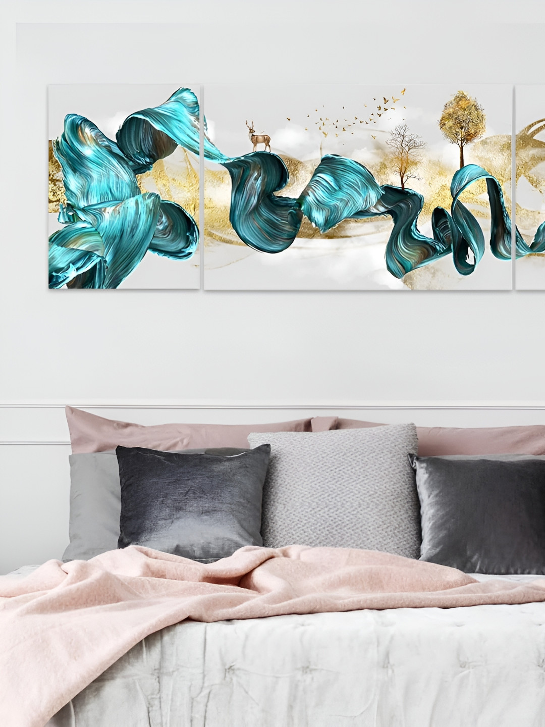 

masstone White Blue 3 Pieces Abstract Wall Paintings