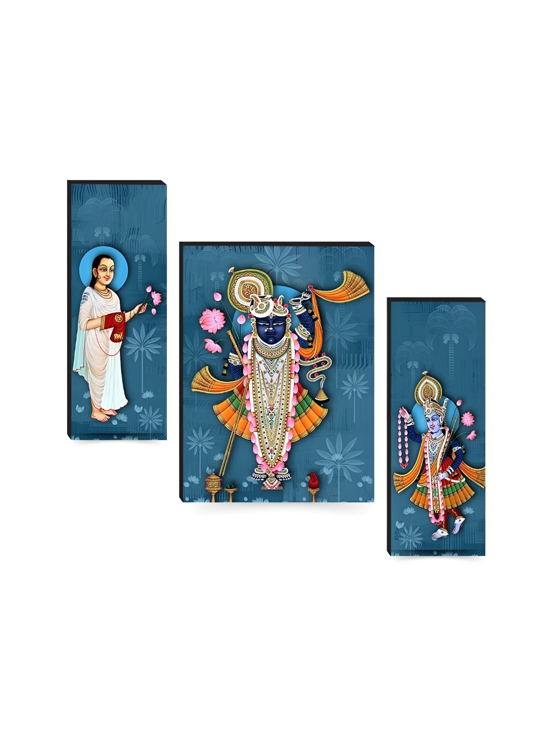 

masstone Blue 3 Pieces Lord Shrinathji Yamunaji Mahaprabhuji Painting Wall Art