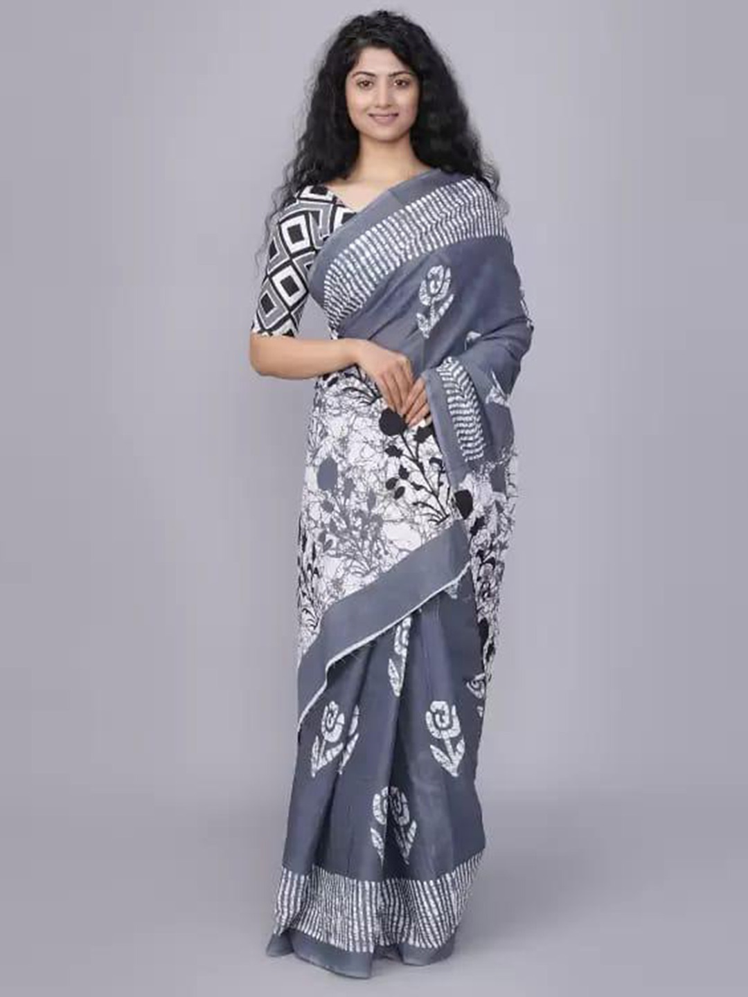 

KIAARON Ethnic Motifs Printed Pure Cotton Block Print Saree, Grey