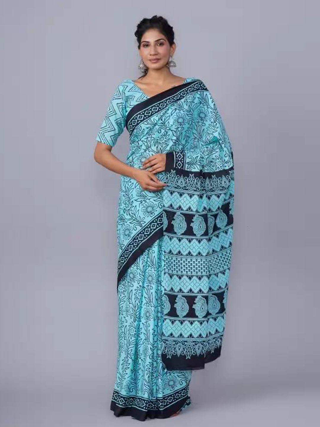 

KIAARON Ethnic Motifs Printed Pure Cotton Block Print Saree, Blue