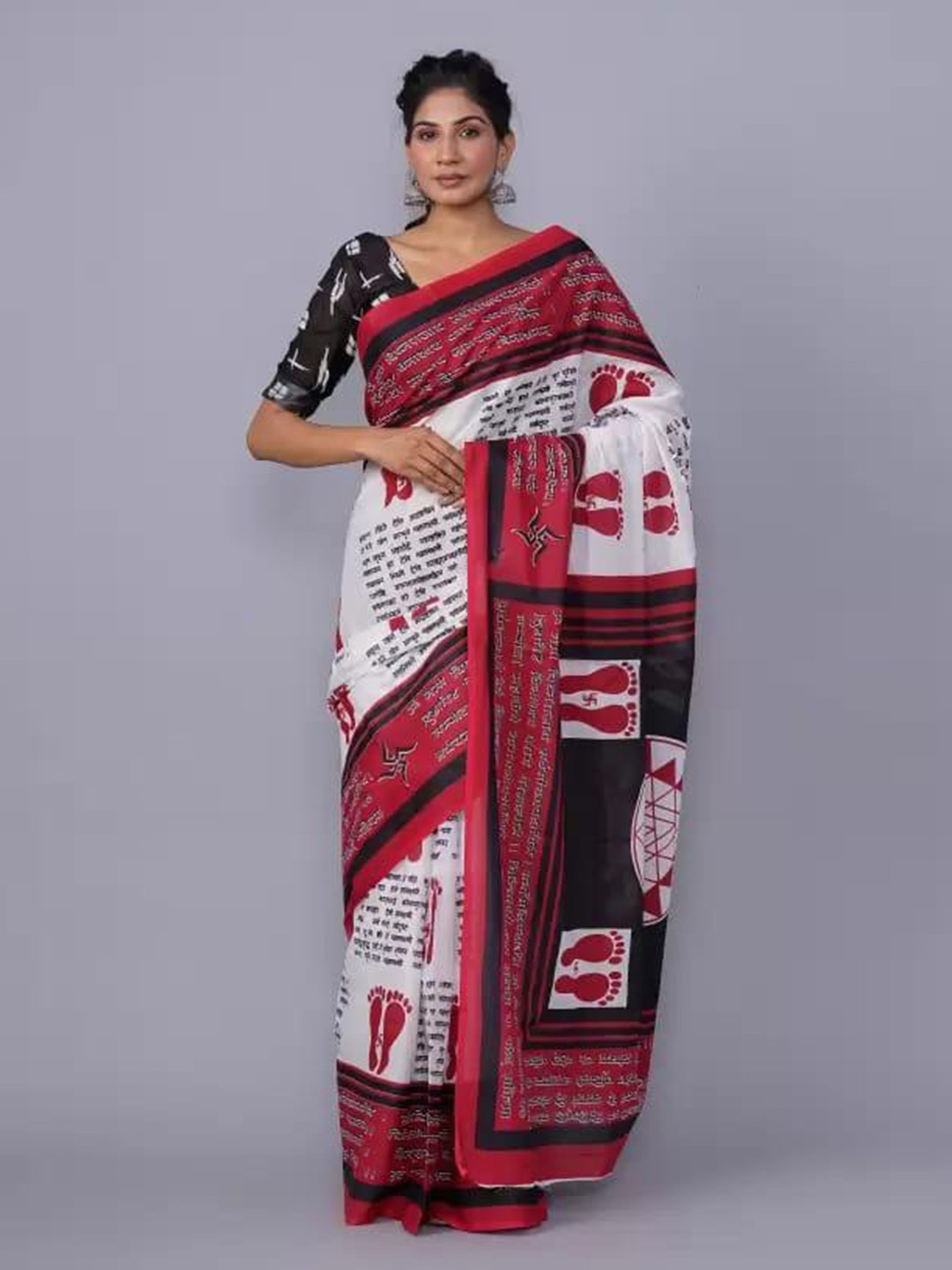 

KIAARON Ethnic Motifs Printed Cotton Linen Block Print Saree, White