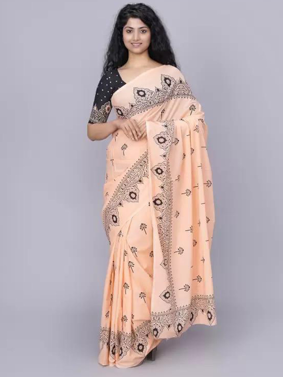 

KIAARON Ethnic Motifs Pure Cotton Block Print Saree, Cream