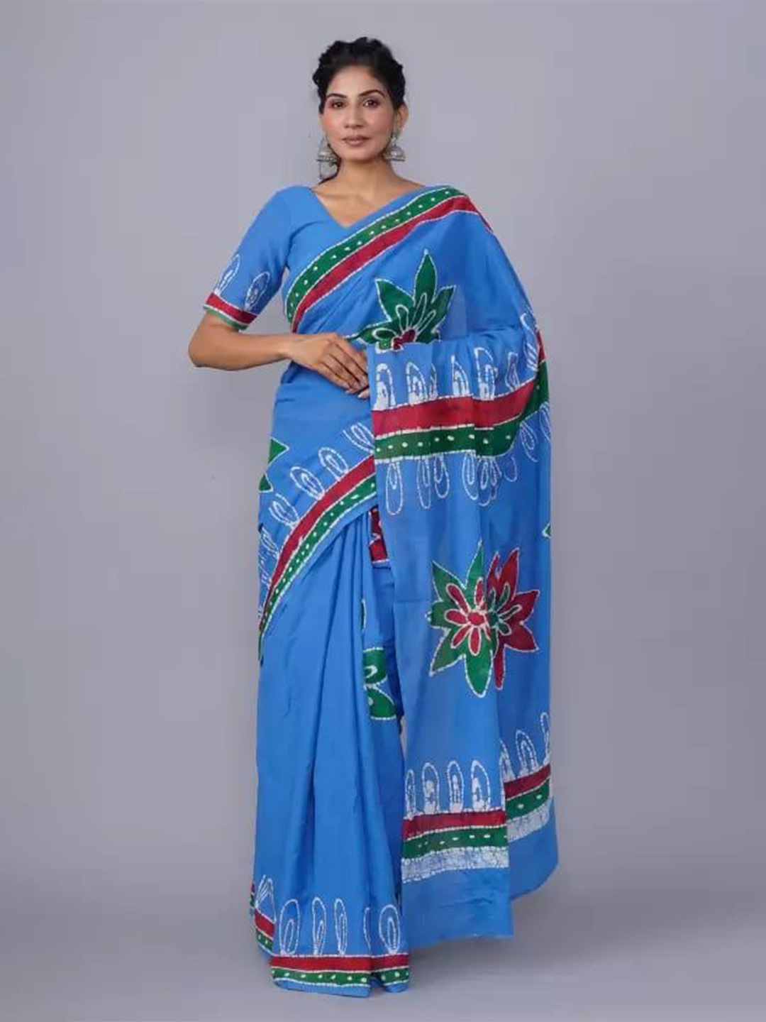 

KIAARON Ethnic Motifs Printed Cotton Linen Block Print Saree, Blue