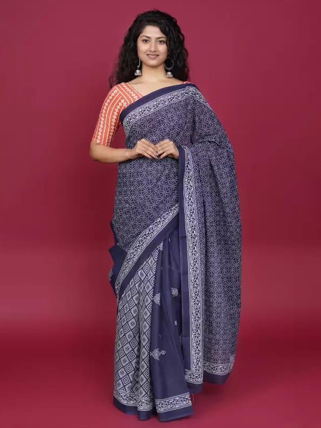 

KIAARON Ethnic Motifs Pure Cotton Block Print Saree, Blue