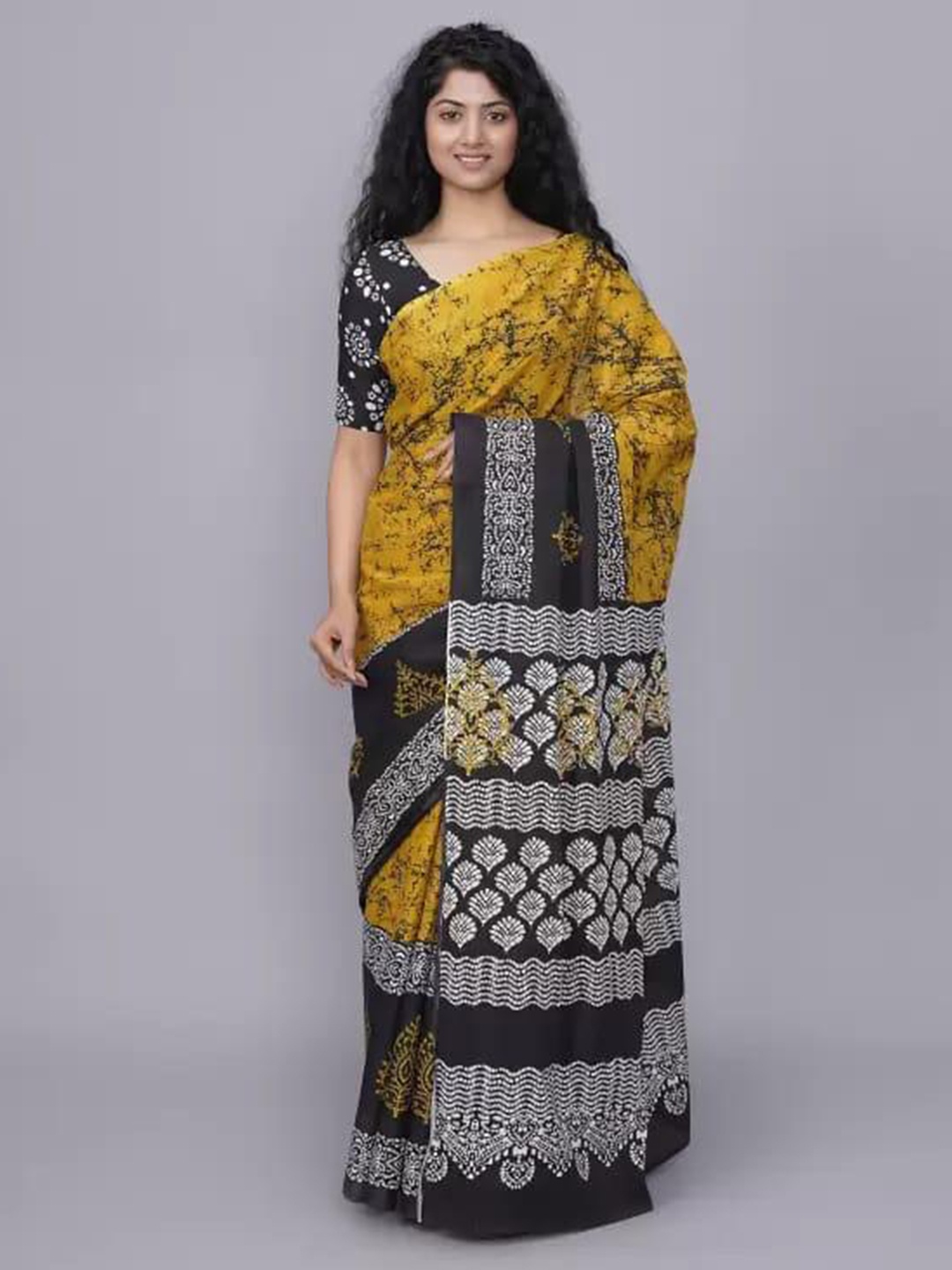 

KIAARON Ethnic Motifs Block Print Saree, Yellow