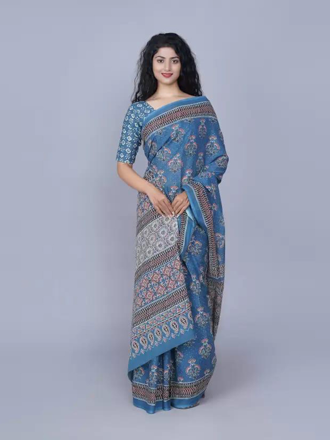 

KIAARON Ethnic Motif Printed Pure Cotton Saree, Blue