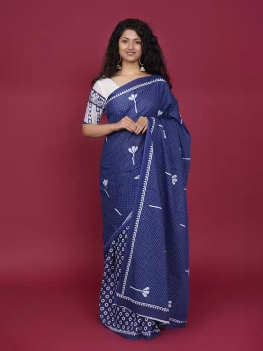 

KIAARON Ethnic Motifs Block Print Saree, Blue