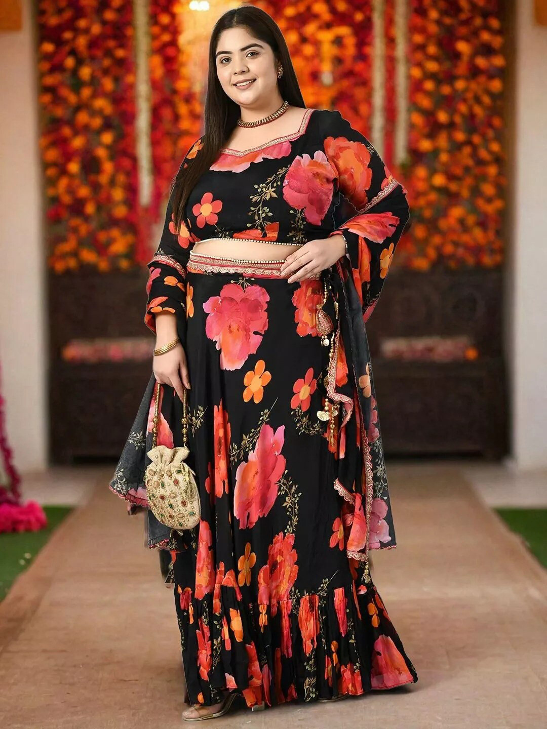 

PrettyPlus by Desinoor.com Floral Printed Ready to Wear Lehenga & Blouse With Dupatta, Black