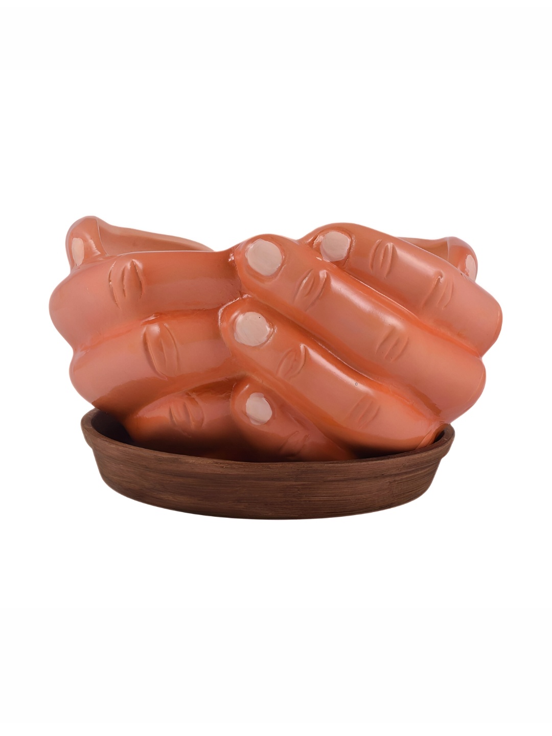 

LASAKI Beige & Brown Textured Hand Shape Ceramic Planter With Tray