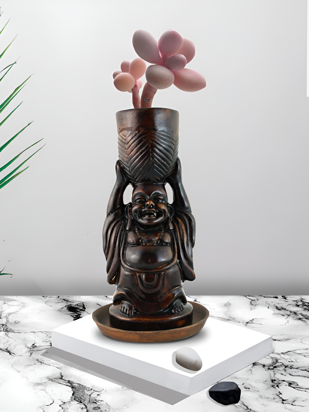

LASAKI Antique 2 Pieces Laughing Buddha Textured Ceramic Planter With Holder, Brown