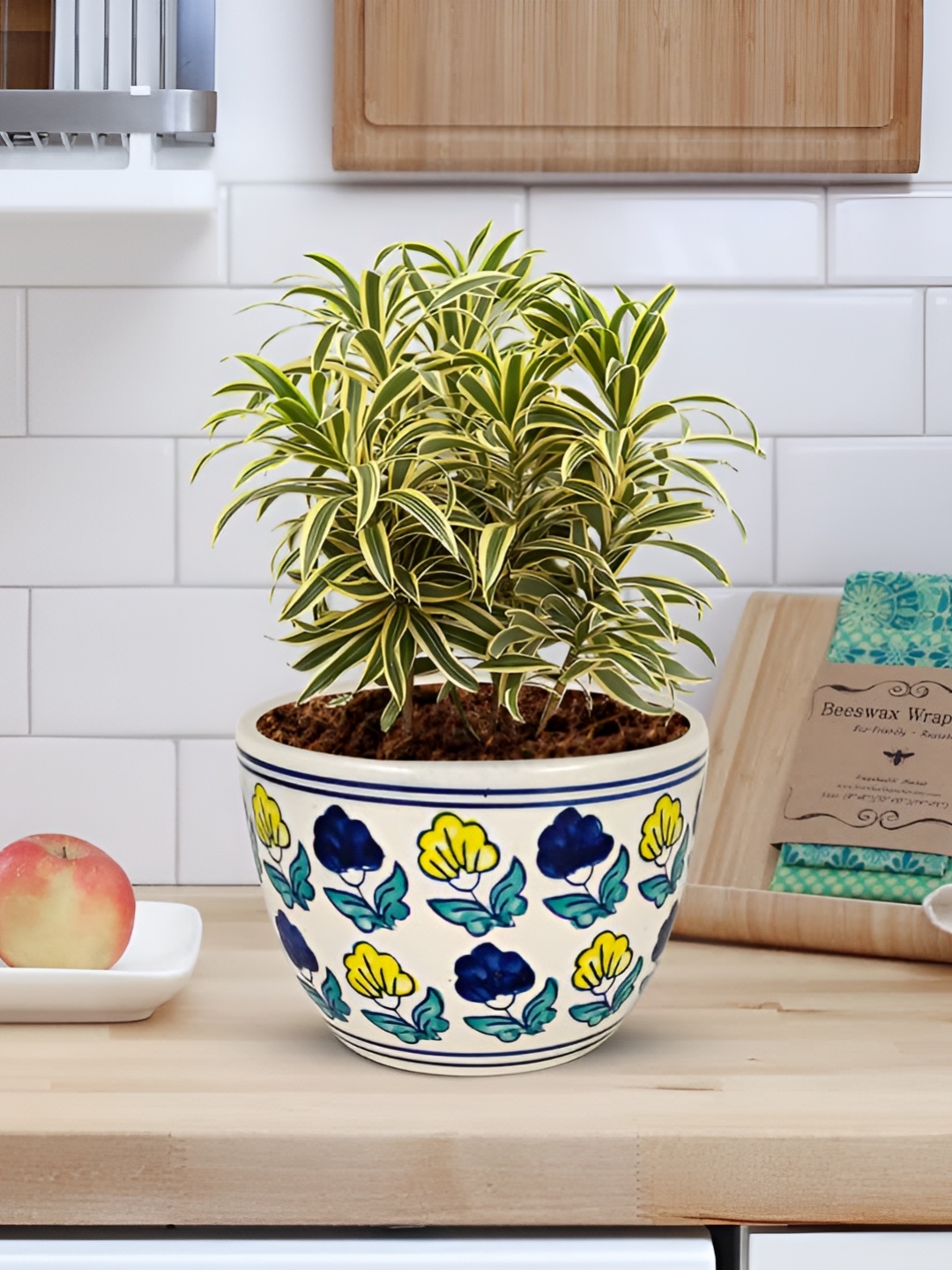 

LASAKI Blue & Yellow Textured Ceramic Planter With Holder