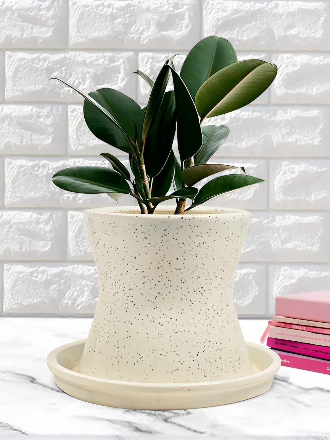 

LASAKI White Textured Ceramic Planter With Holder